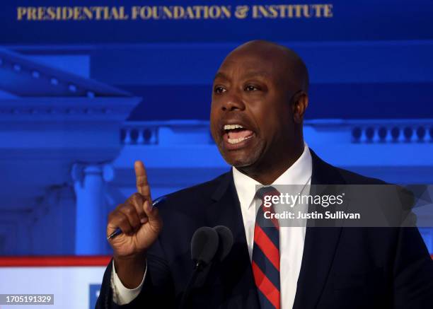 Republican presidential candidate U.S. Sen. Tim Scott delivers remarks during the FOX Business Republican Primary Debate at the Ronald Reagan...