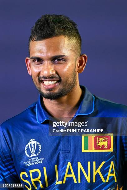 Sri Lanka's captain Dasun Shanaka attends the 'Captains' Day event' an interaction session between the captains of all participating teams and the...