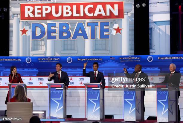 Republican presidential candidates , former U.N. Ambassador Nikki Haley, Florida Gov. Ron DeSantis, Vivek Ramaswamy, U.S. Sen. Tim Scott and former...