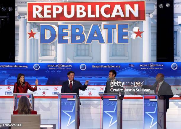 Republican presidential candidates , former U.N. Ambassador Nikki Haley, Florida Gov. Ron DeSantis, Vivek Ramaswamy and U.S. Sen. Tim Scott...
