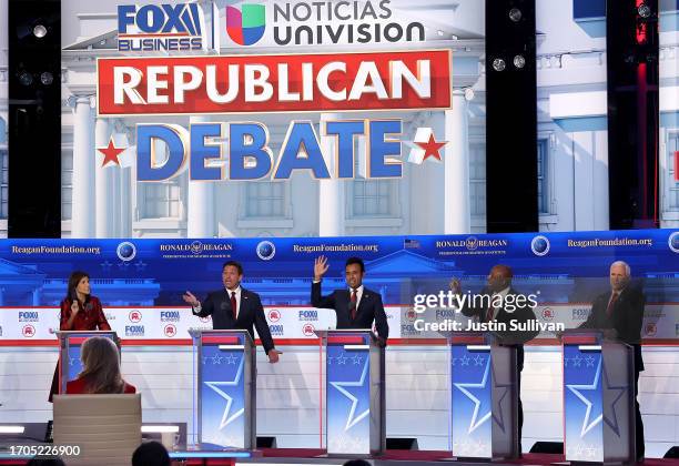 Republican presidential candidates , former U.N. Ambassador Nikki Haley, Florida Gov. Ron DeSantis, Vivek Ramaswamy, U.S. Sen. Tim Scott and former...