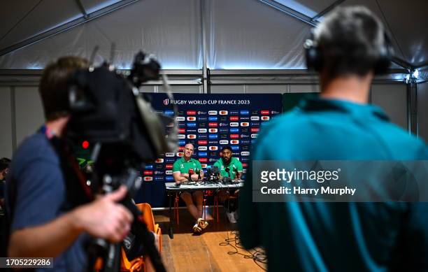 Tours , France - 4 October 2023; Bundee Aki, right, and forwards coach Paul O'Connell during an Ireland rugby media conference at Complexe de la...