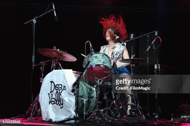 Julie Edwards of Deap Vally performs onstage at ThisTent during day 1 of the 2013 Bonnaroo Music & Arts Festival on June 13, 2013 in Manchester,...
