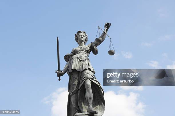 scales  and cloudy  blue sky with ancient lady justice justitia - justice stock pictures, royalty-free photos & images