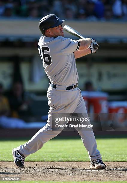 Kevin Youkilis of the New York Yankees bats against the Oakland Athletics during the game at O.co Coliseum on Thursday June 13, 2013 in Oakland,...