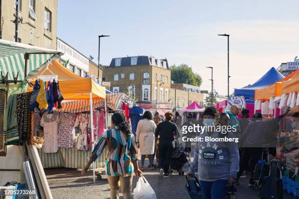 Shoppers at Ridley Road Market in the Hackney borough of London, UK, on Friday, Sept. 22, 2023. As London flourished as a financial hub over the last...