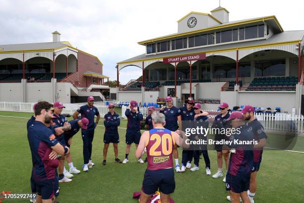 Andy Bichel of Queensland speaks to the players before the Marsh One Day Cup match between Queensland and South Australia at Allan Border Field, on...