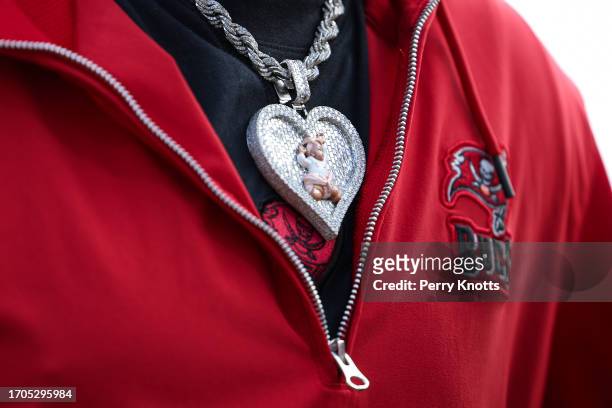 Detailed view of the chain worn by Shaquil Barrett of the Tampa Bay Buccaneers prior to an NFL football game against the Philadelphia Eagles at...