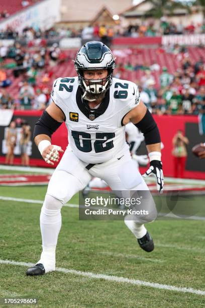 Jason Kelce of the Philadelphia Eagles warms up prior to an NFL football game against the Tampa Bay Buccaneers at Raymond James Stadium on September...