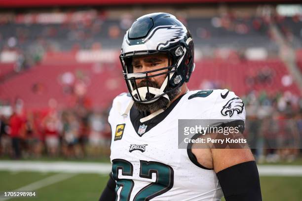 Jason Kelce of the Philadelphia Eagles warms up prior to an NFL football game against the Tampa Bay Buccaneers at Raymond James Stadium on September...