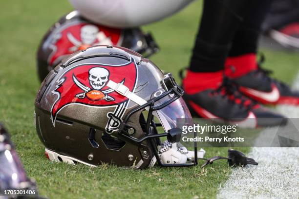 Detailed view of a Tampa Bay Buccaneers helmet prior to at Raymond James Stadium on September 25, 2023 in Tampa, Florida.