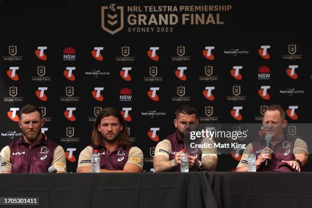 Kurt Capewell, Patrick Carrigan, Adam Reynolds of the Broncos with Broncos coach Kevin Walters attend the NRL Grand Final press conference at...