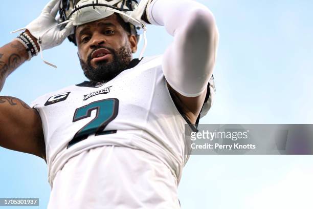 Darius Slay of the Philadelphia Eagles warms up prior to an NFL football game against the Tampa Bay Buccaneers at Raymond James Stadium on September...