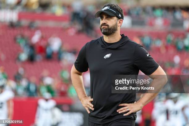 Head coach Nick Sirianni of the Philadelphia Eagles looks on during warmups prior to an NFL football game against the Tampa Bay Buccaneers at Raymond...