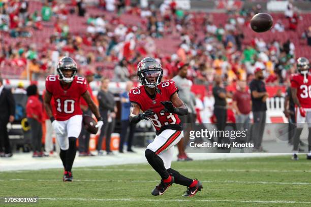 Deven Thompkins of the Tampa Bay Buccaneers warms up prior to an NFL football game against the Philadelphia Eagles at Raymond James Stadium on...