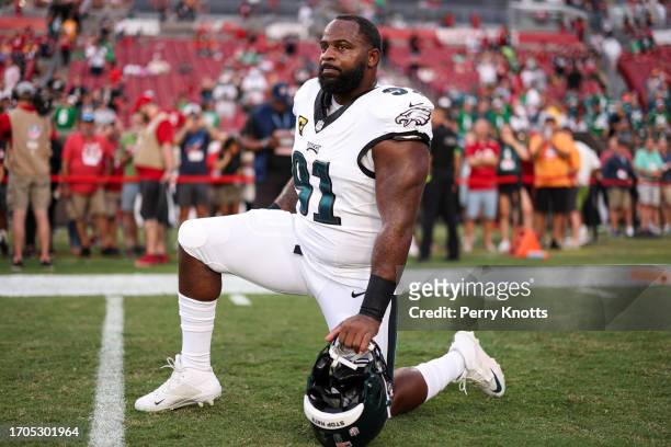 Fletcher Cox of the Philadelphia Eagles warms up prior to an NFL football game against the Tampa Bay Buccaneers at Raymond James Stadium on September...