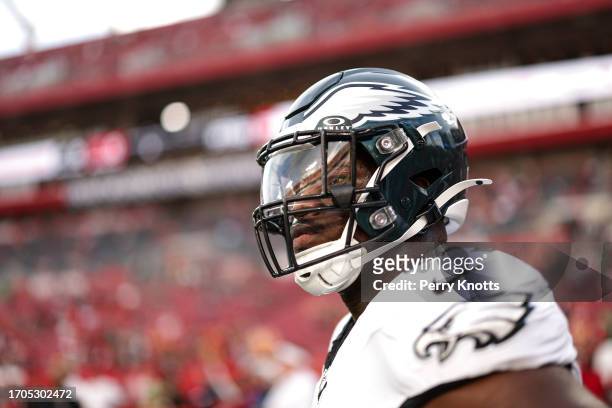 Kentavius Street of the Philadelphia Eagles warms up prior to an NFL football game against the Tampa Bay Buccaneers at Raymond James Stadium on...