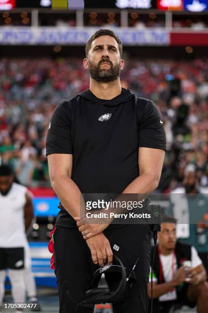 Head coach Nick Sirianni of the Philadelphia Eagles looks on from the sideline during the national anthem prior to an NFL football game against the...