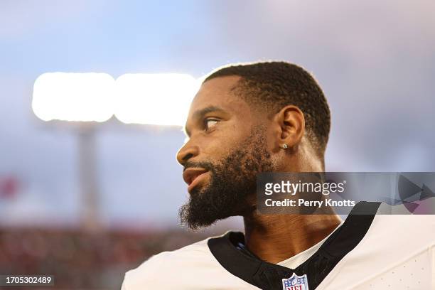 Darius Slay of the Philadelphia Eagles looks on during the national anthem prior to an NFL football game against the Tampa Bay Buccaneers at Raymond...
