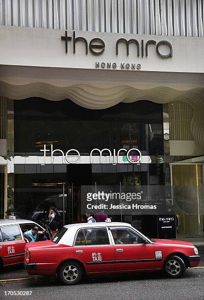 Taxi pulls up in front of the Mira Hotel on June 14, 2013 in Kowloon, Hong Kong. Former CIA employee Edward Snowden, accused of leaking details of...