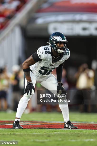 Zach Cunningham of the Philadelphia Eagles defends in coverage during an NFL football game against the Tampa Bay Buccaneers at Raymond James Stadium...