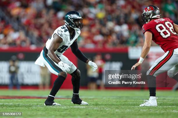 Josh Sweat of the Philadelphia Eagles defends in coverage during an NFL football game against the Tampa Bay Buccaneers at Raymond James Stadium on...