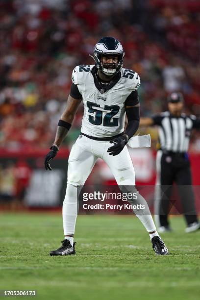 Zach Cunningham of the Philadelphia Eagles defends in coverage during an NFL football game against the Tampa Bay Buccaneers at Raymond James Stadium...