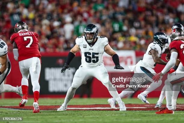 Lane Johnson of the Philadelphia Eagles defends in coverage during an NFL football game against the Tampa Bay Buccaneers at Raymond James Stadium on...