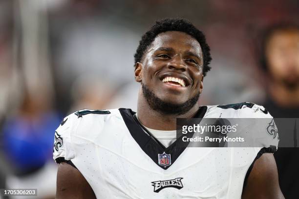 Nicholas Morrow of the Philadelphia Eagles looks on from the sideline during an NFL football game against the Tampa Bay Buccaneers at Raymond James...