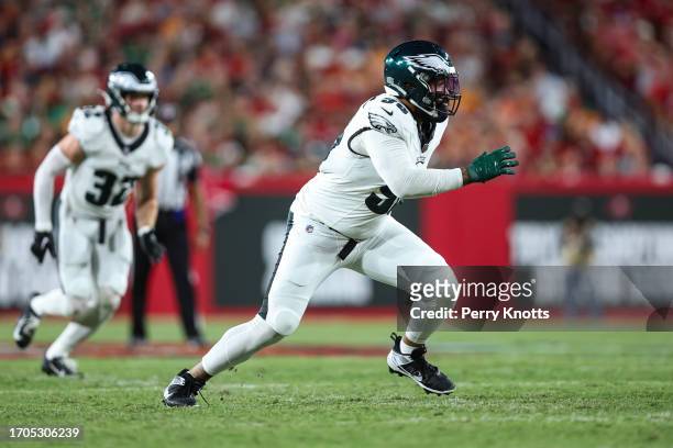 Derek Barnett of the Philadelphia Eagles rushes the passer during an NFL football game against the Tampa Bay Buccaneers at Raymond James Stadium on...