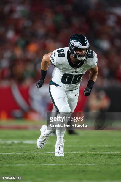 Dallas Goedert of the Philadelphia Eagles runs a route during an NFL football game against the Tampa Bay Buccaneers at Raymond James Stadium on...