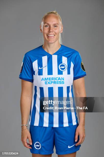 Maria Thorisdottir of Brighton & Hove Albion poses for a portrait during a Brighton & Hove Albion portrait session on September 15, 2023 in Brighton,...