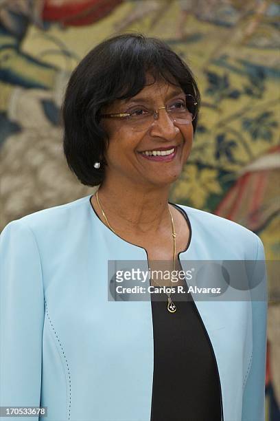 United Nations High Commissioner for Human Rights Navanethem Pillay looks on before meeting with Prince Felipe of Spain at Zarzuela Palace on June...