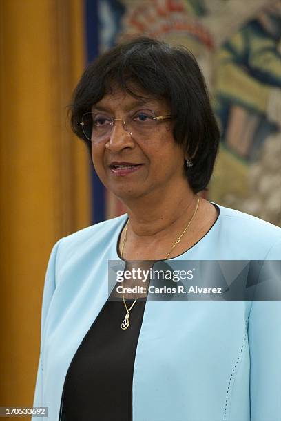 United Nations High Commissioner for Human Rights Navanethem Pillay looks on before meeting with Prince Felipe of Spain at Zarzuela Palace on June...