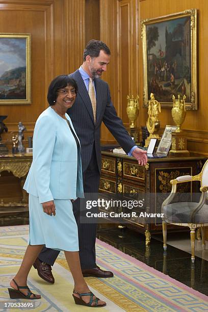 Prince Felipe of Spain receives United Nations High Commissioner for Human Rights Navanethem Pillay at Zarzuela Palace on June 14, 2013 in Madrid,...