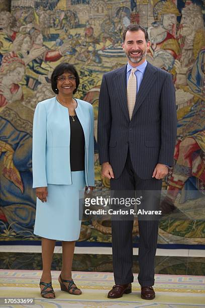 Prince Felipe of Spain receives United Nations High Commissioner for Human Rights Navanethem Pillay at Zarzuela Palace on June 14, 2013 in Madrid,...