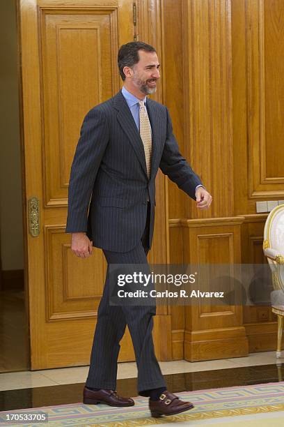 Prince Felipe of Spain receives United Nations High Commissioner for Human Rights Navanethem Pillay at Zarzuela Palace on June 14, 2013 in Madrid,...