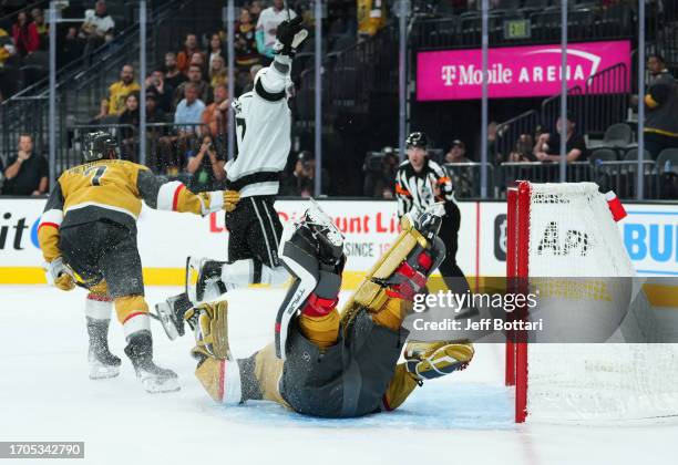 Tyler Madden of the Los Angeles Kings celebrates after scoring the game-winning goal in overtime against Adin Hill of the Vegas Golden Knights at...