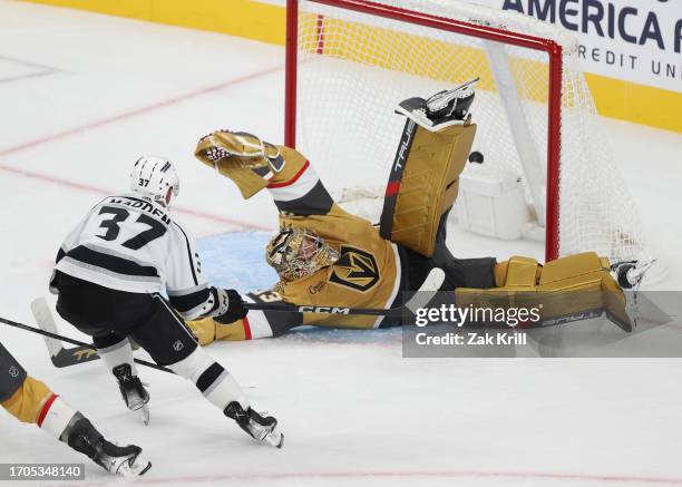 Tyler Madden of the Los Angeles Kings scores the game-winning goal in overtime against Adin Hill of the Vegas Golden Knights at T-Mobile Arena on...