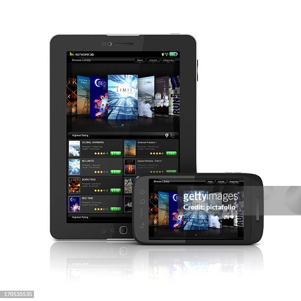 smartphone and tablet displaying online ebook library - international film stock pictures, royalty-free photos & images