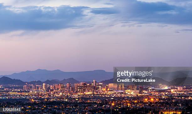 downtown phoenix, arizona dusk panorama - phoenix arizona stock pictures, royalty-free photos & images
