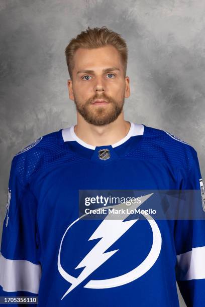 Erik Cernak of the Tampa Bay Lightning poses for his official headshot for the 2023-2024 season on September 20, 2023 at Amalie Arena in Tampa,...