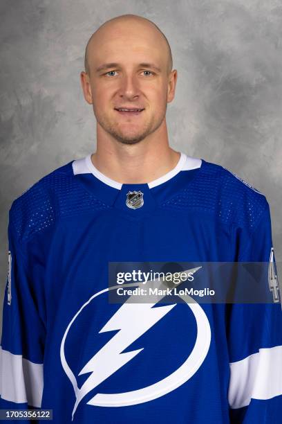 Darren Raddysh of the Tampa Bay Lightning poses for his official headshot for the 2023-2024 season on September 20, 2023 at Amalie Arena in Tampa,...