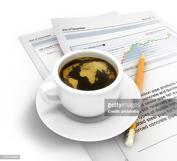 coffee cup with global world map and news - world café stock pictures, royalty-free photos & images