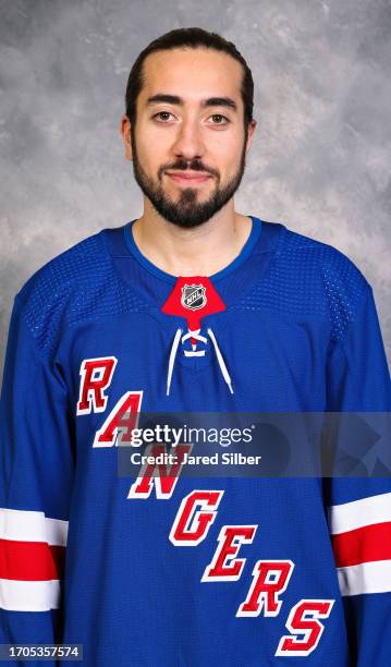 Mika Zibanejad of the New York Rangers poses for his official headshot for the 2023-2024 season on September 20, 2023 at the Sonesta Hotel in White...