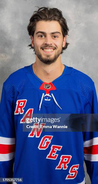 Seth Barton of the New York Rangers poses for his official headshot for the 2023-2024 season on September 13, 2023 at the MSG Training Center in...