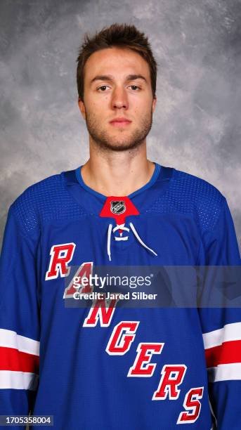 Will Cuylle of the New York Rangers poses for his official headshot for the 2023-2024 season on September 20, 2023 at the Sonesta Hotel in White...