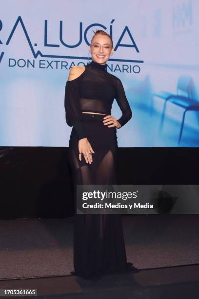 Marimar Vega poses for photos during the screening of the first episode of 'Doctora Lucia, Un Don Extraordinario' at Azteca Estudios on September 27,...