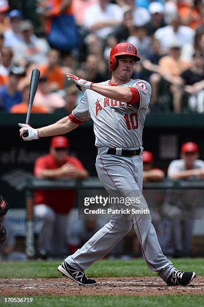 First baseman Brad Hawpe of the Los Angeles Angels of Anaheim bats against the Baltimore Orioles at Oriole Park at Camden Yards on June 12, 2013 in...