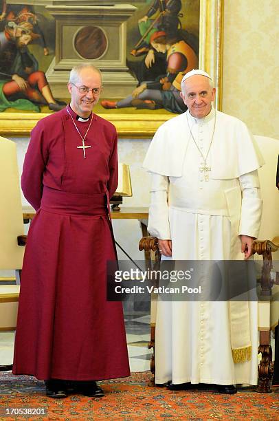 Pope Francis meets Archbishop of Canterbury Justin Welby at his private library on June 14, 2013 in Vatican City, Vatican. The Archbishop of...